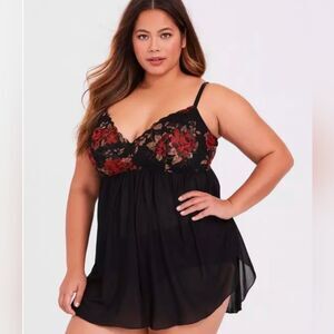 NWOT Women's Torrid Floral Black Simply Mesh Babydoll, Size 1X / Torrid 1